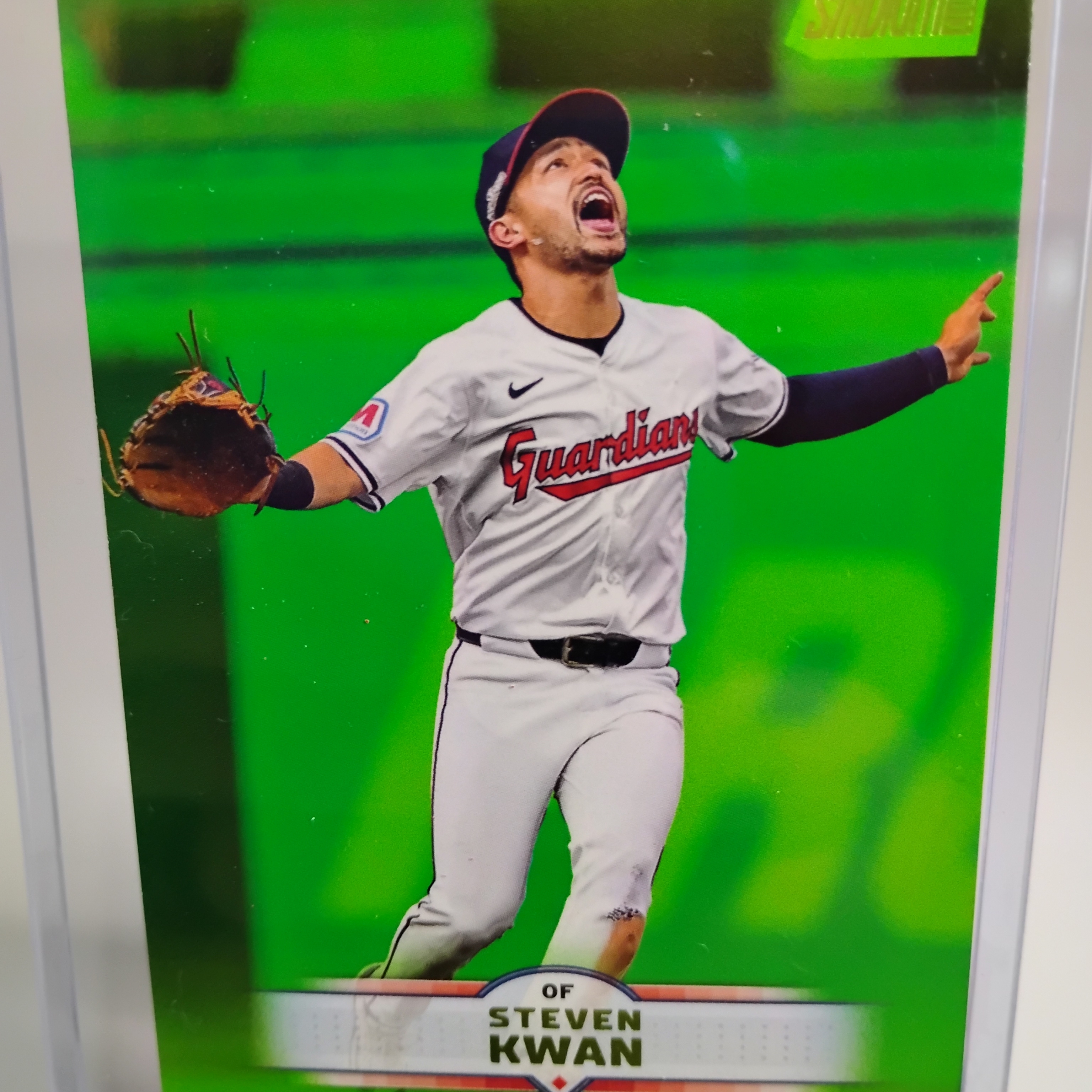 Topps Cleveland Guardians Steven Kwan Card With Red Logo And White Jersey
